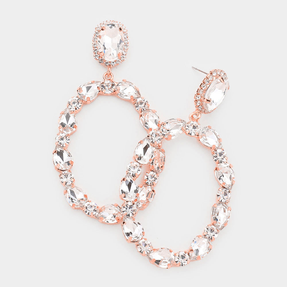 Clear Crystal Teardrop Large Circle Earrings on Rose Gold