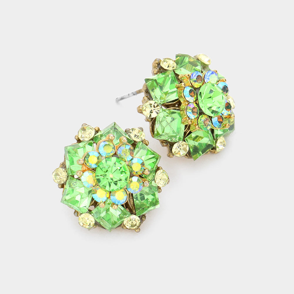 Multi Shape Peridot Crystal Stone Cluster Stud Earrings | Interview Earrings 