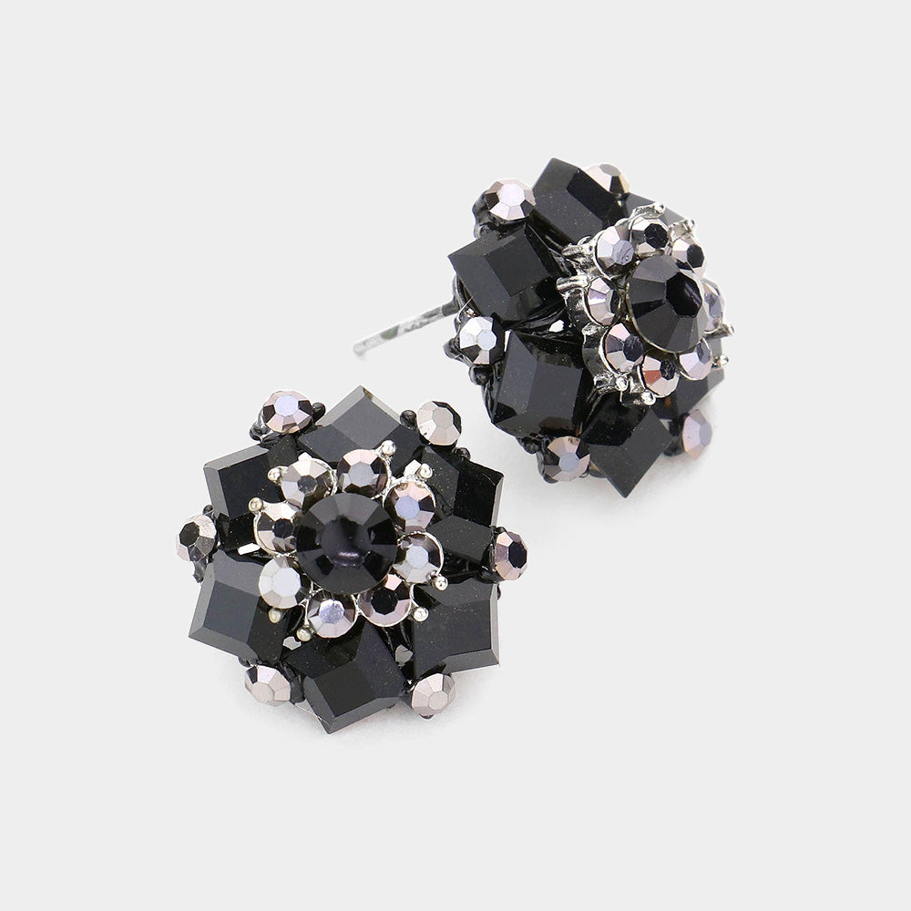 Multi Shape Jet Black Crystal Stone Cluster Stud Earrings | Interview Earrings | 543264