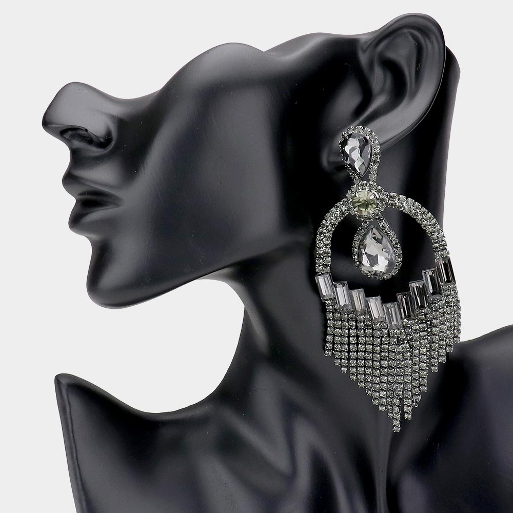 Black Diamond Teardrop Stone Accented with Fringe Pageant Earrings   | Prom Jewelry