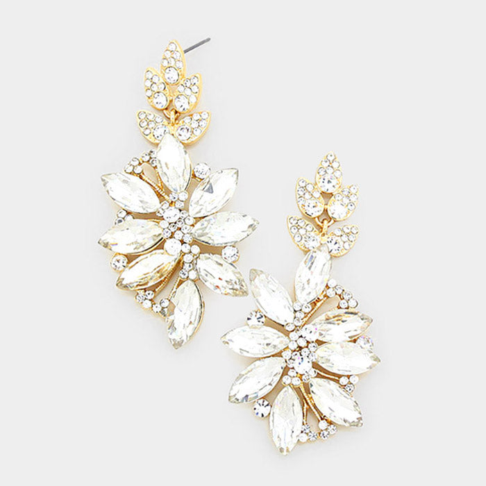 Clear Crystal Petal Pageant Earrings on Gold| Prom Earrings