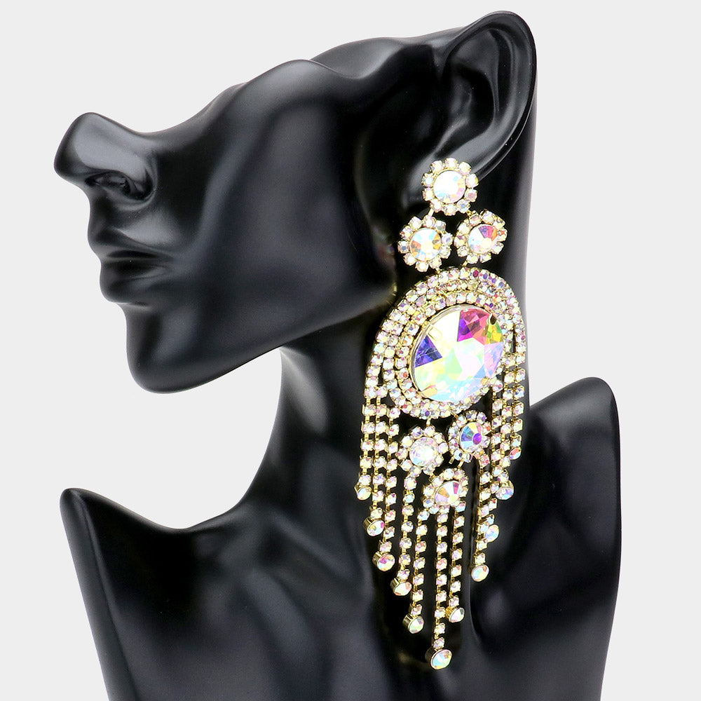 AB Crystal Round Stone Accented with Fringe Pageant Earrings on Gold | Statement Earrings