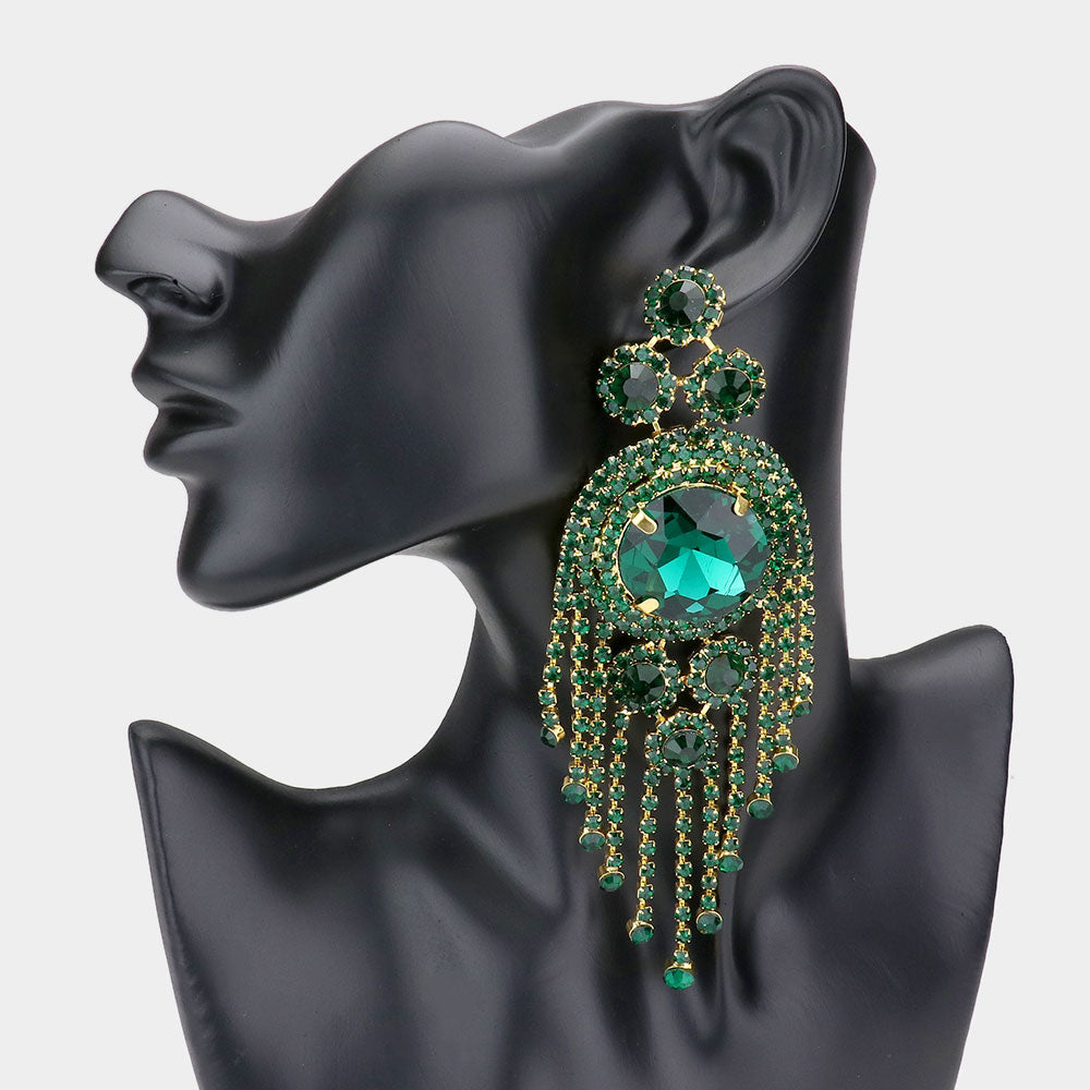Emerald Crystal Round Stone Accented with Fringe Pageant Earrings | Statement Earrings