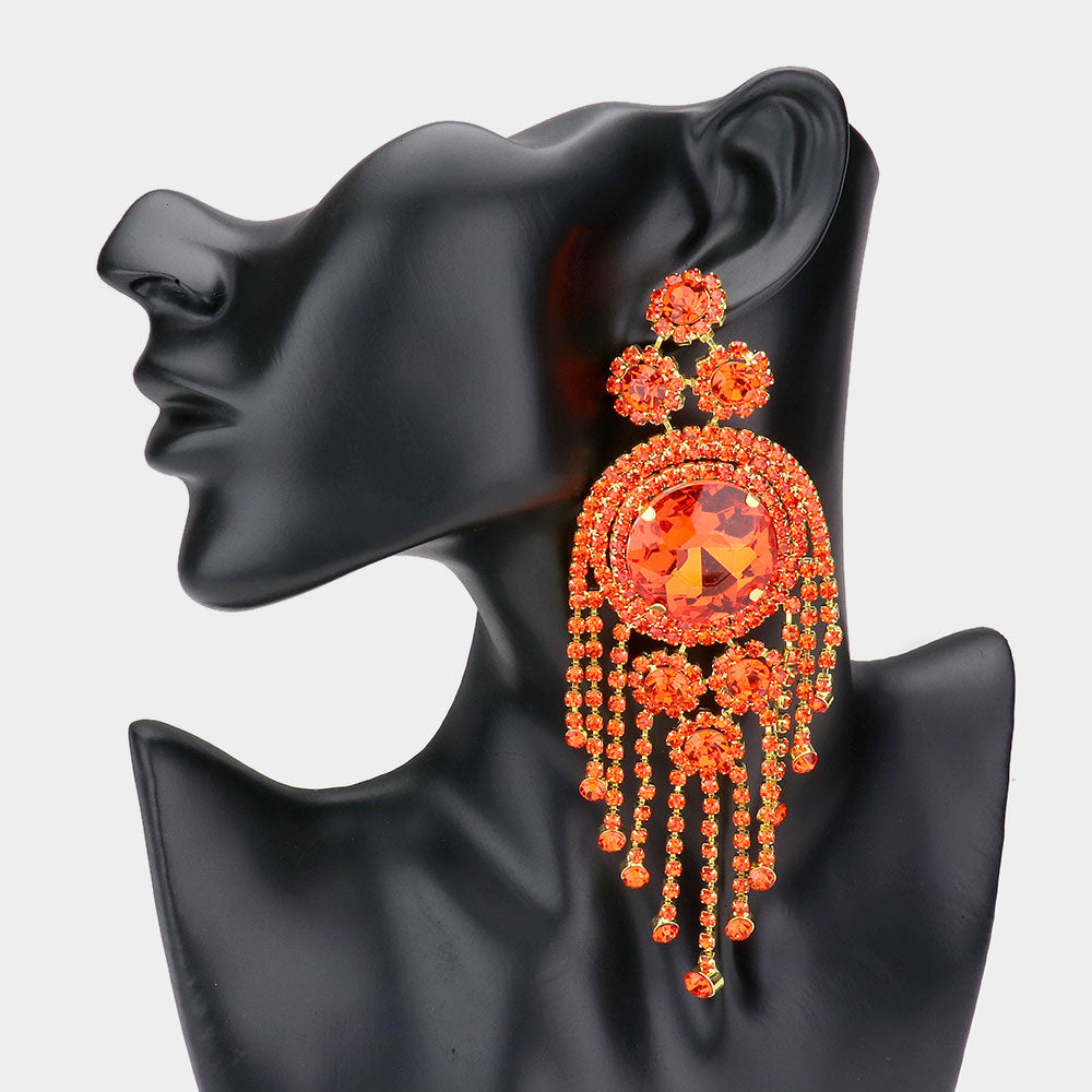 Orange Crystal Round Stone Accented with Fringe Pageant Earrings | Statement Earrings
