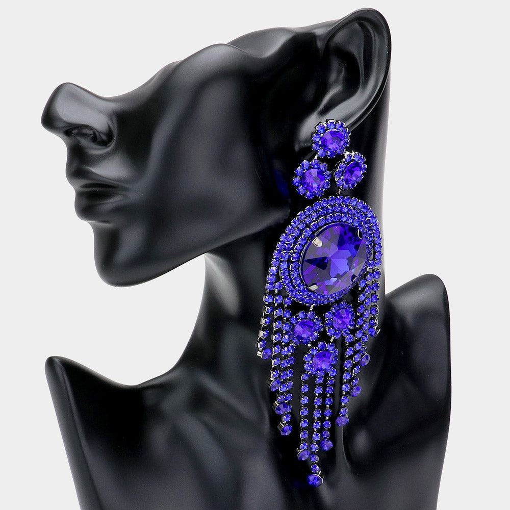 Royal Blue Crystal Round Stone Accented with Fringe Pageant Earrings | Statement Earrings