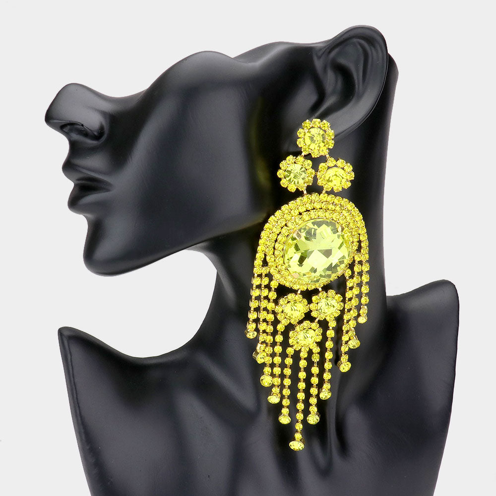 Yellow Crystal Round Stone Accented with Fringe Pageant Earrings | Statement Earrings