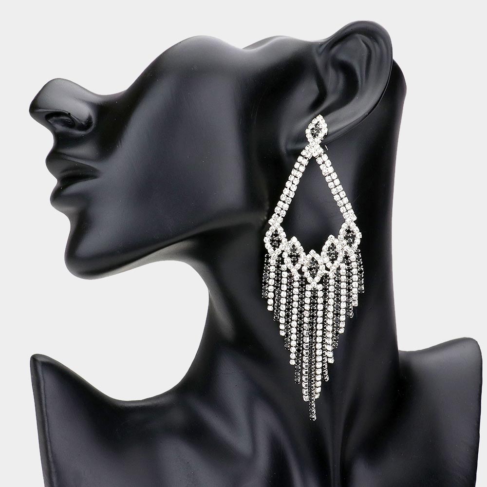 Clear and Black Rhinestone Fringe Pageant Earrings