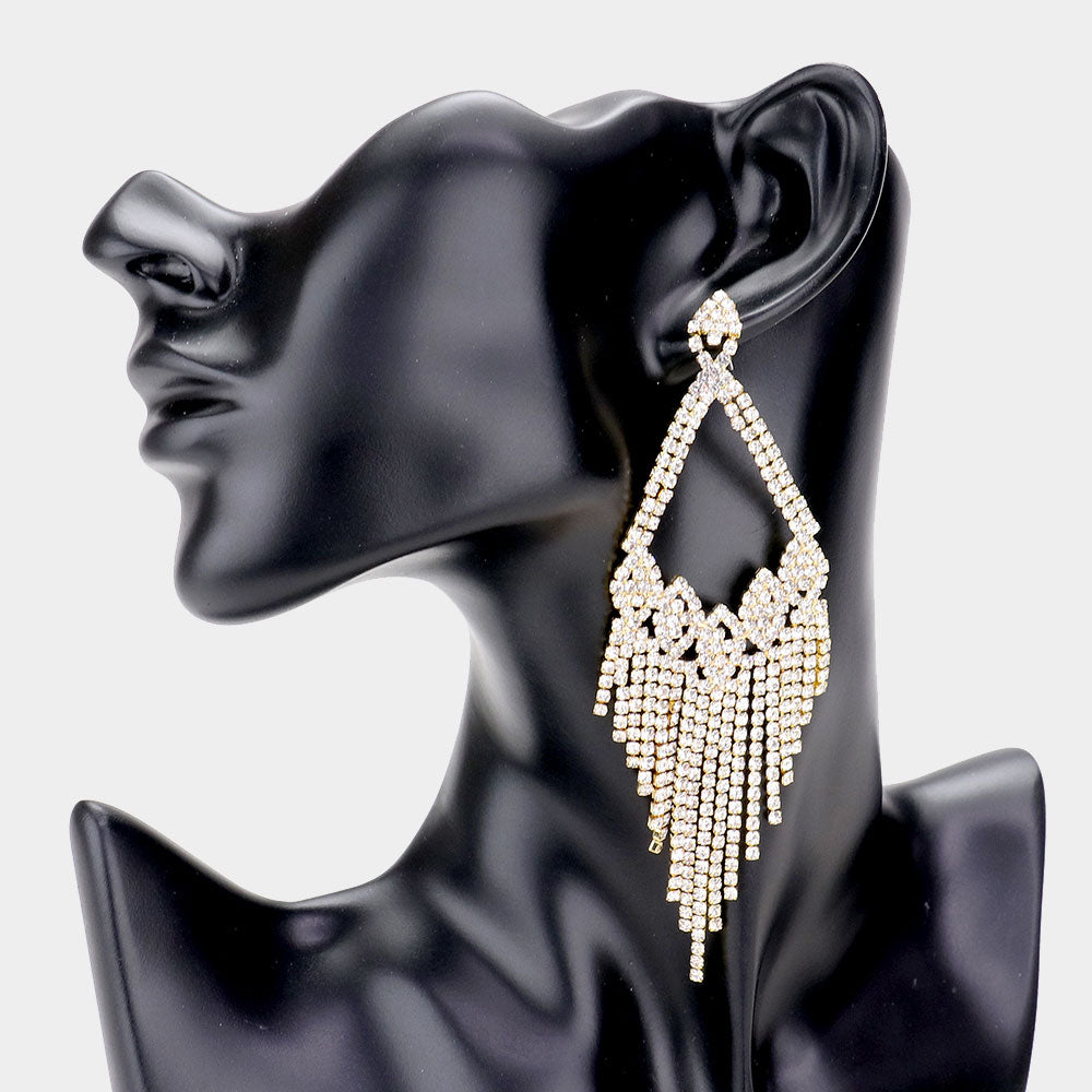Rhinestone Fringe Clear on Gold Pageant Earrings