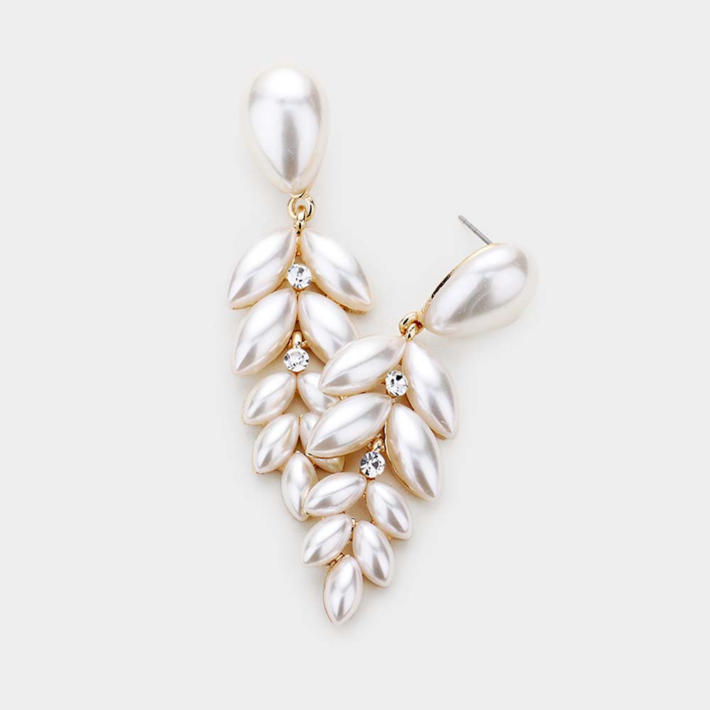 Cream Pearl Crystal Teardrop Marquise Pageant Earrings