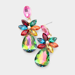 Multi Color Crystal Flower Teardrop Pageant Earrings