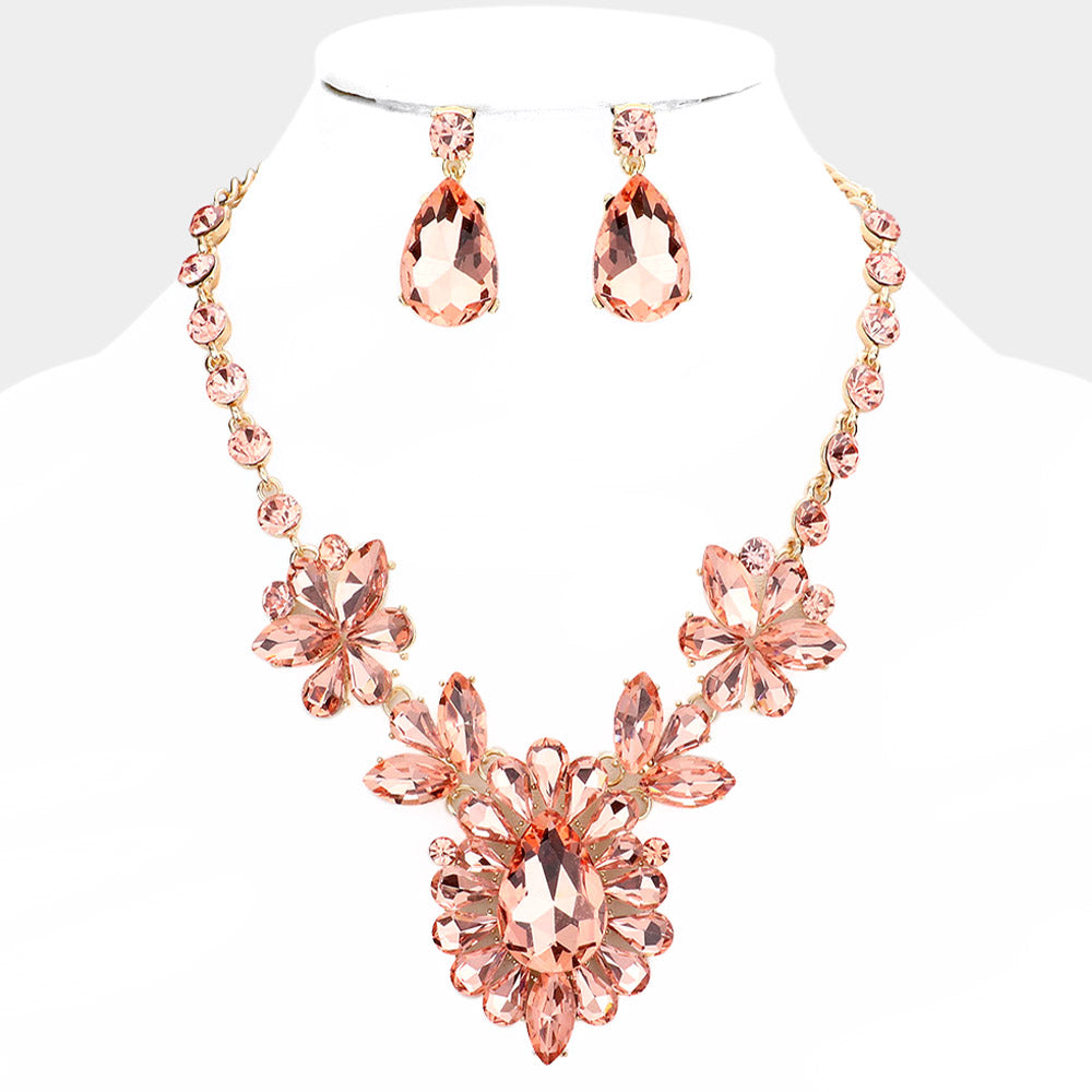 Peach Crystal Teardrop Stone Cluster Pageant Necklace  | Prom Necklace 