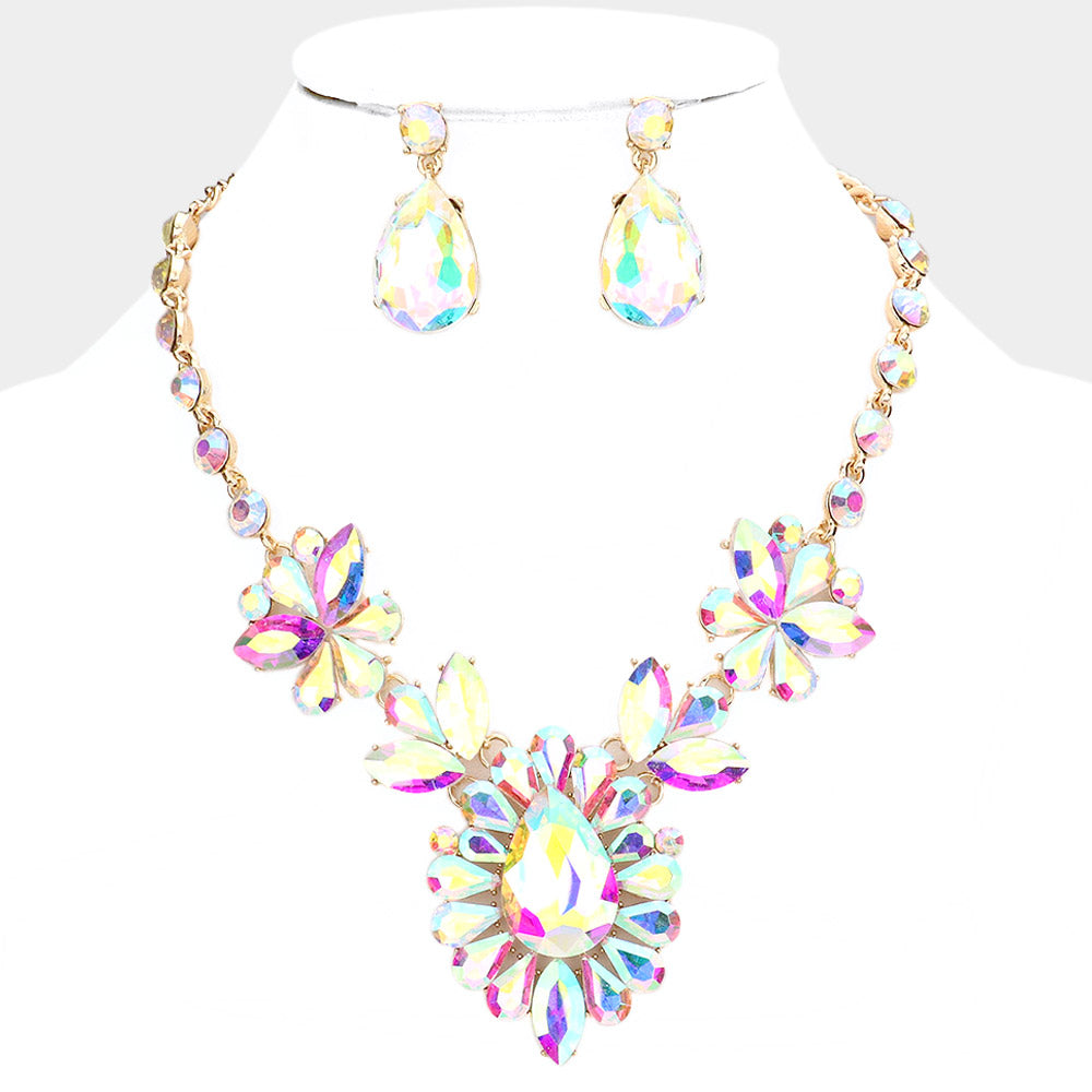 AB Crystal Teardrop Stone Cluster Pageant Necklace on Gold | Prom Necklace 