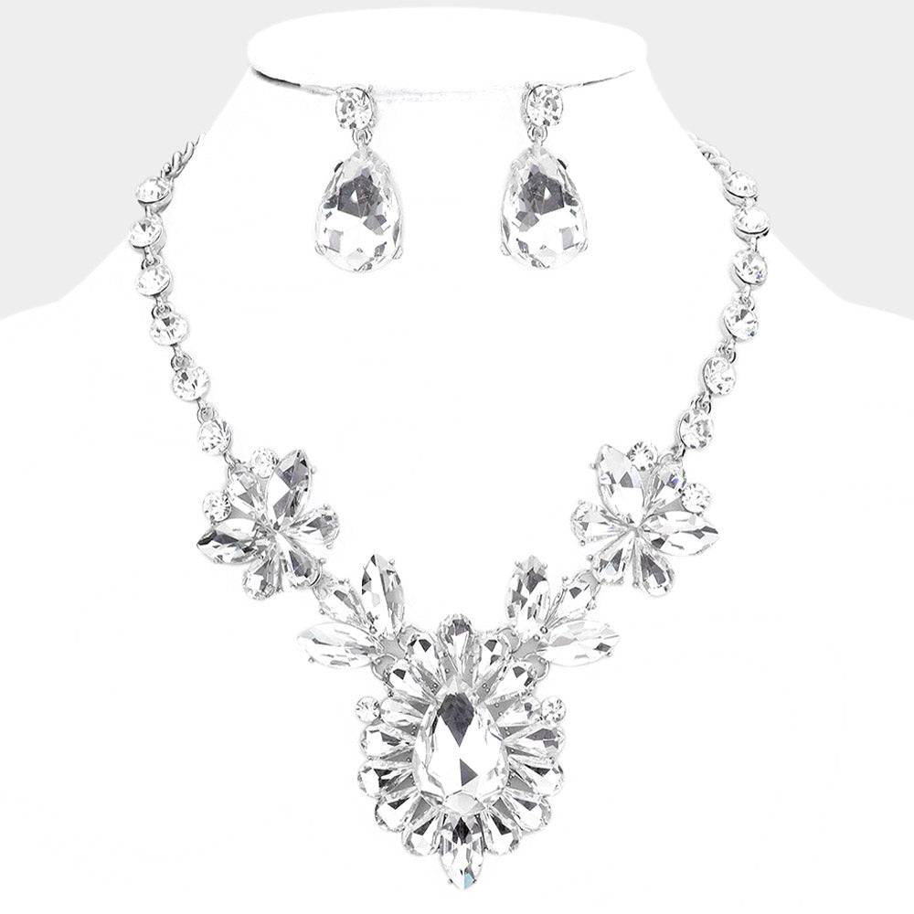 Clear Crystal Teardrop Stone Cluster Pageant Necklace | Prom Necklace