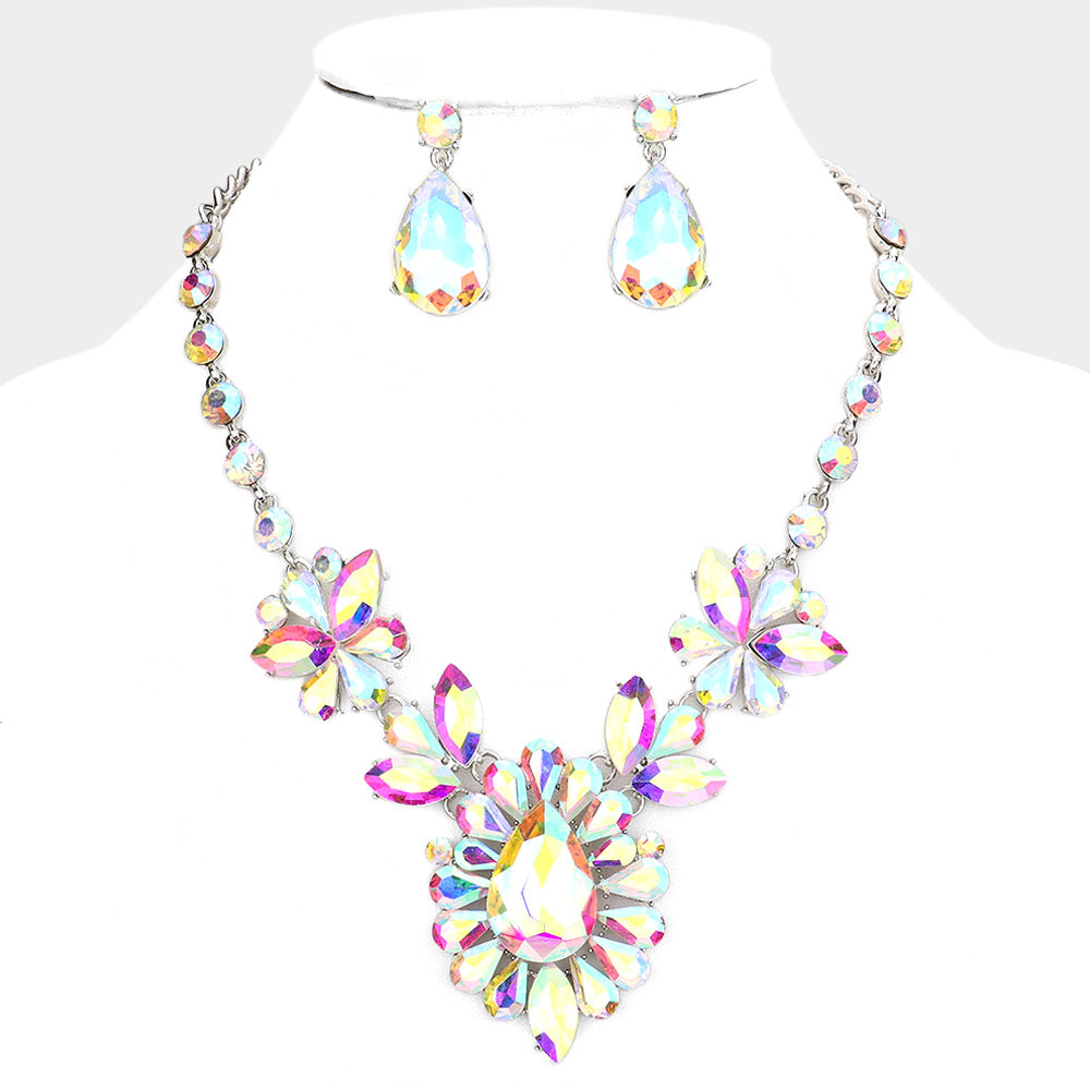 AB Crystal Teardrop Stone Cluster Pageant Necklace | Prom Necklace 