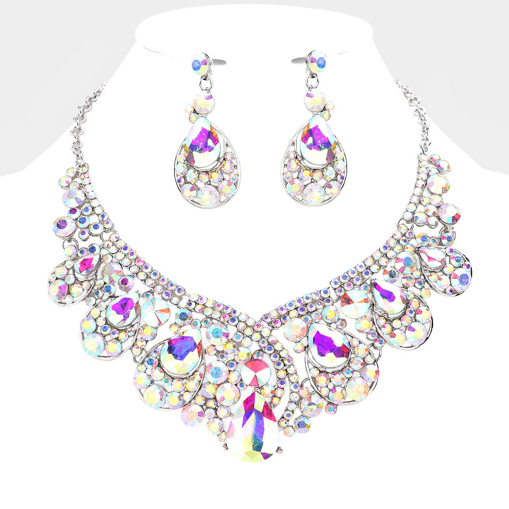 AB Crystal Teardrop Pageant Necklace Set  | Prom Necklace Set