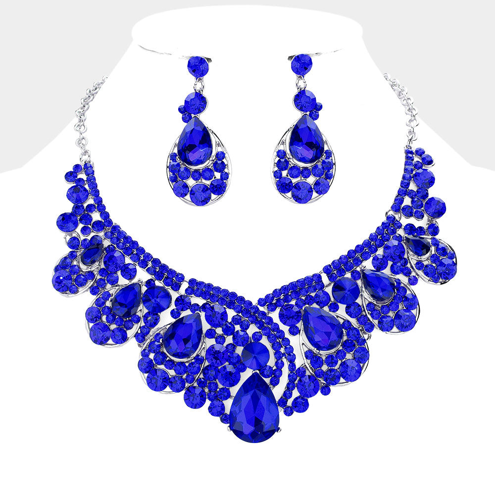 Blue Crystal Teardrop Pageant Necklace Set | Prom Necklace Set