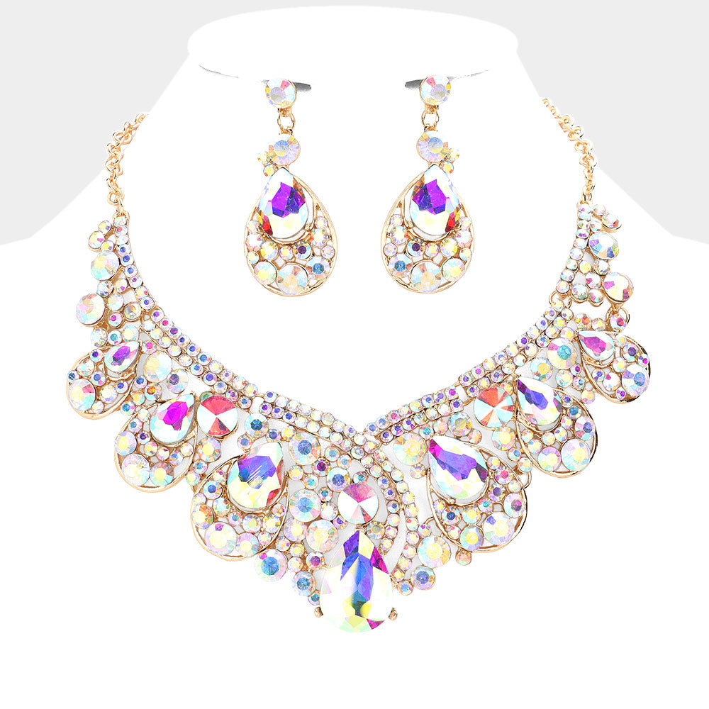 AB Crystal Teardrop Pageant Necklace Set on Gold | Prom Necklace Set