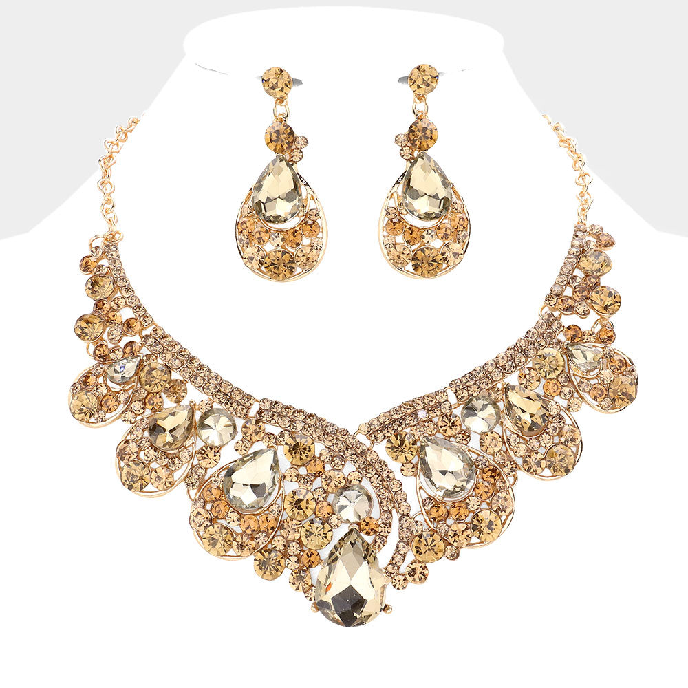 Topaz Crystal Teardrop Pageant Necklace Set | Prom Necklace Set