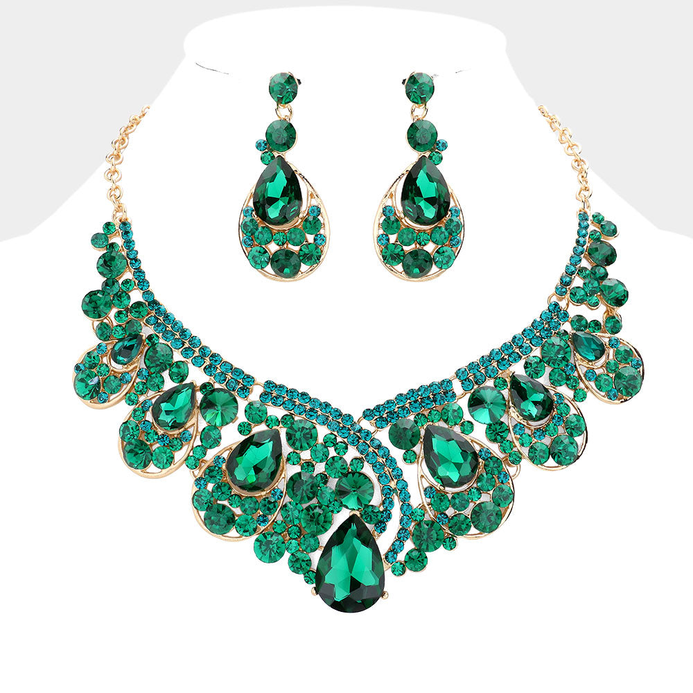 Emerald Crystal Teardrop Pageant Necklace Set | Prom Necklace Set