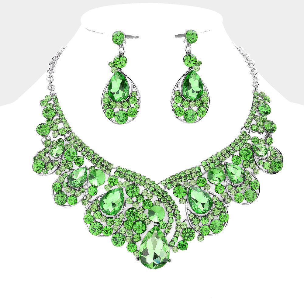 Green Crystal Teardrop Pageant Necklace Set | Prom Necklace Set