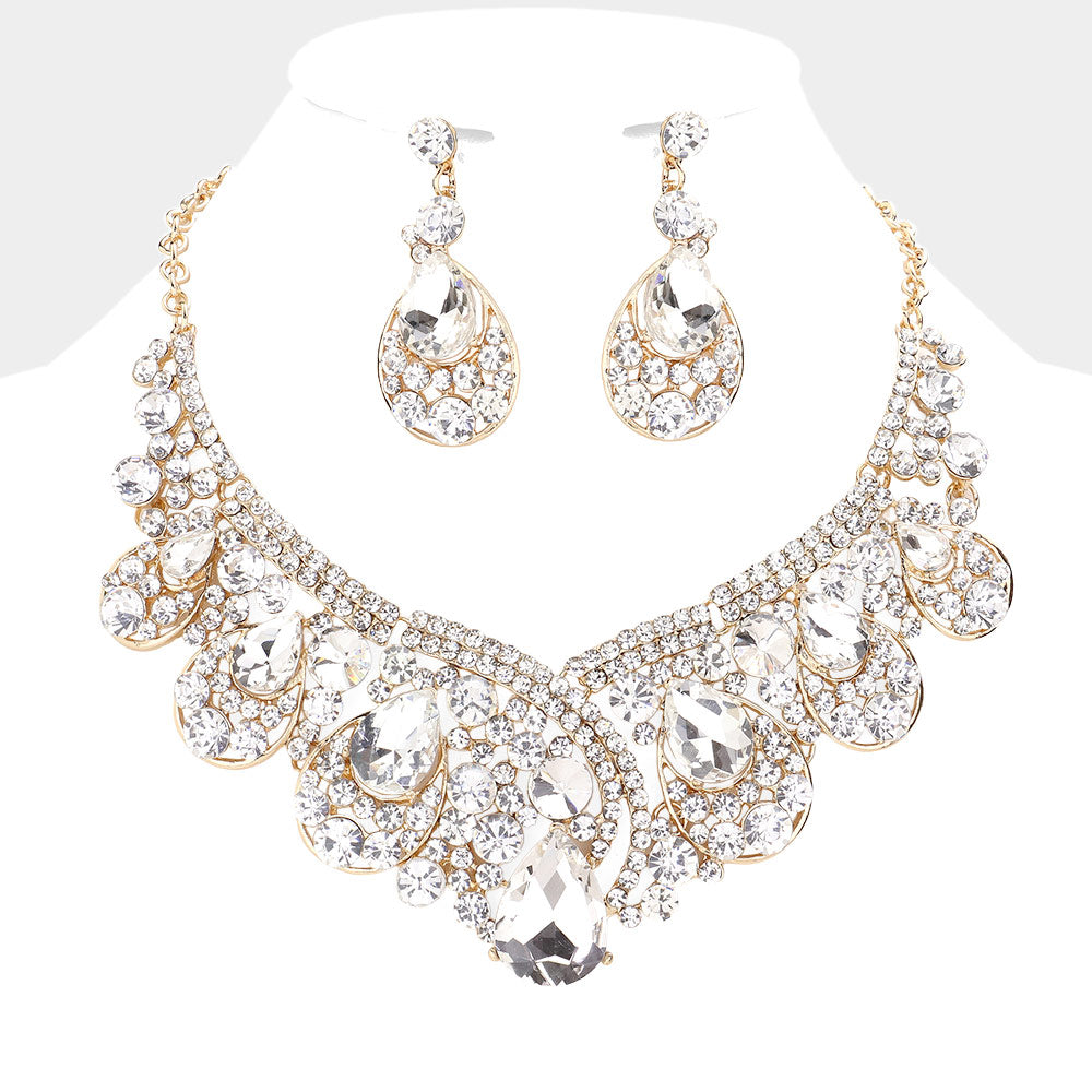 Clear Crystal Teardrop Pageant Necklace Set on Gold, Prom Necklace Set
