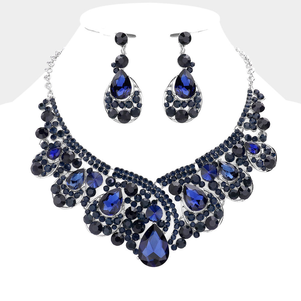Navy Crystal Teardrop Pageant Necklace Set | Prom Necklace Set