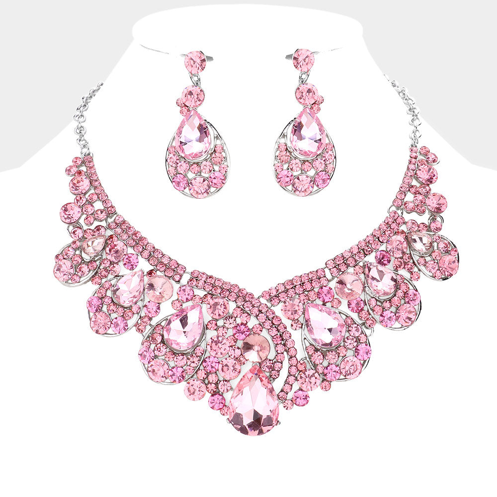Pink Crystal Teardrop Pageant Necklace Set | Prom Necklace Set