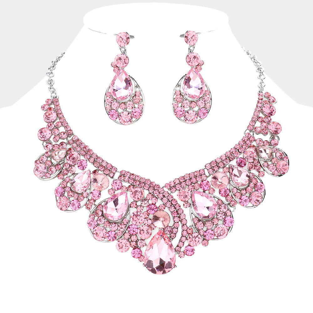 Pink Crystal Teardrop Pageant Necklace Set | Prom Necklace Set 