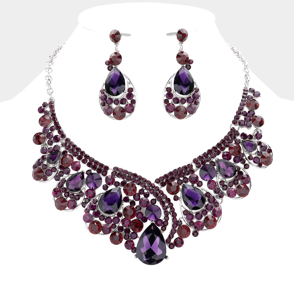 Purple Crystal Teardrop Pageant Necklace Set | Prom Necklace Set