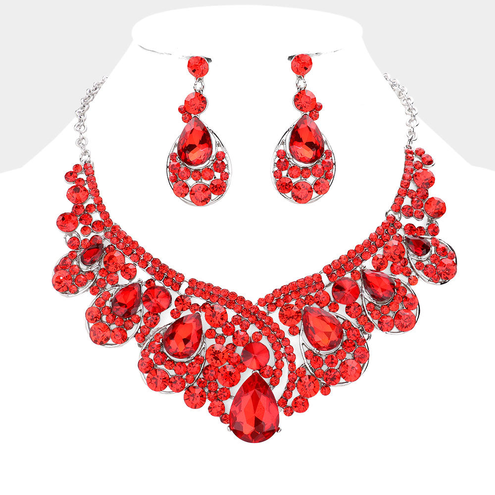 Red Crystal Teardrop Pageant Necklace Set | Prom Necklace Set