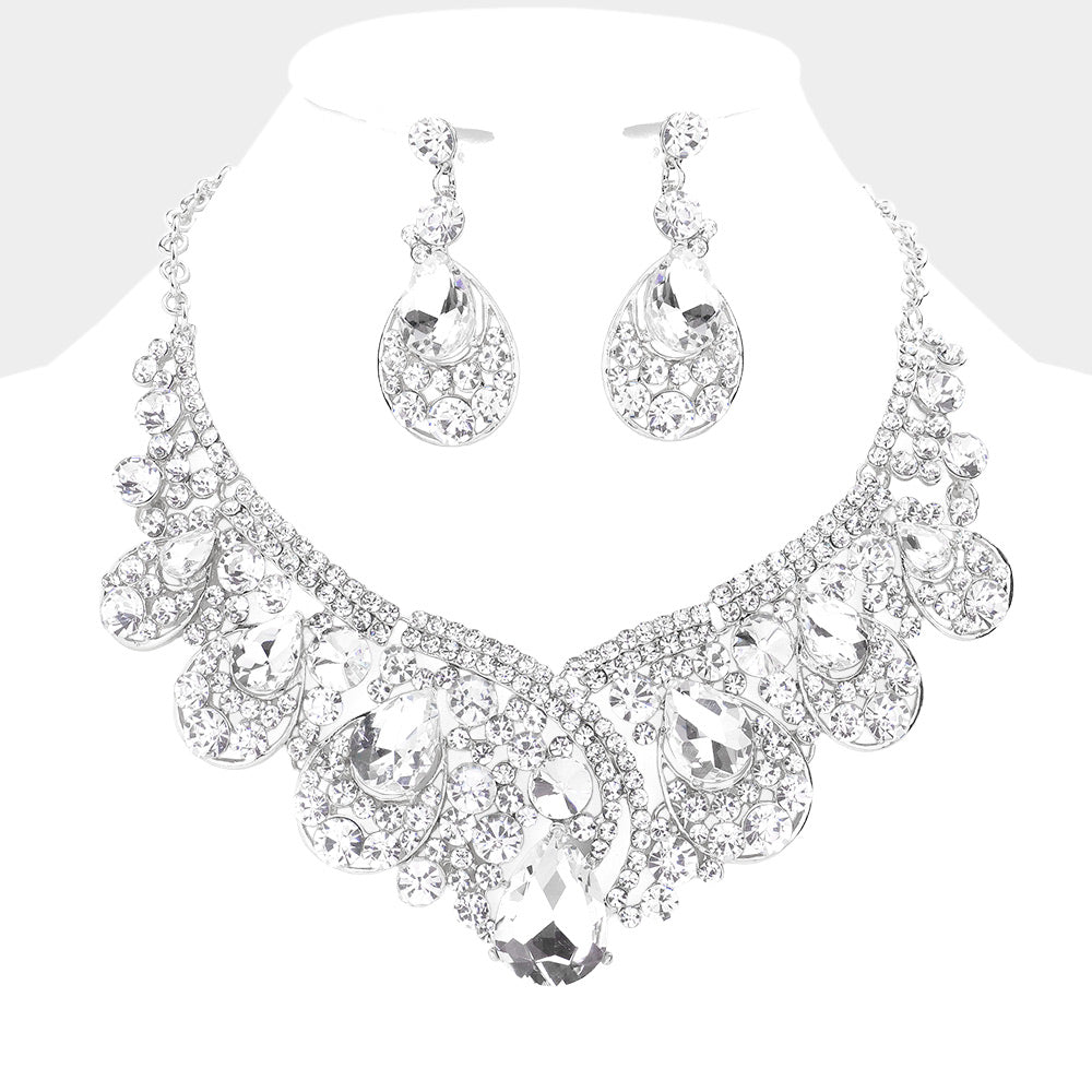 Clear Crystal Teardrop Pageant Necklace Set | Prom Necklace Set