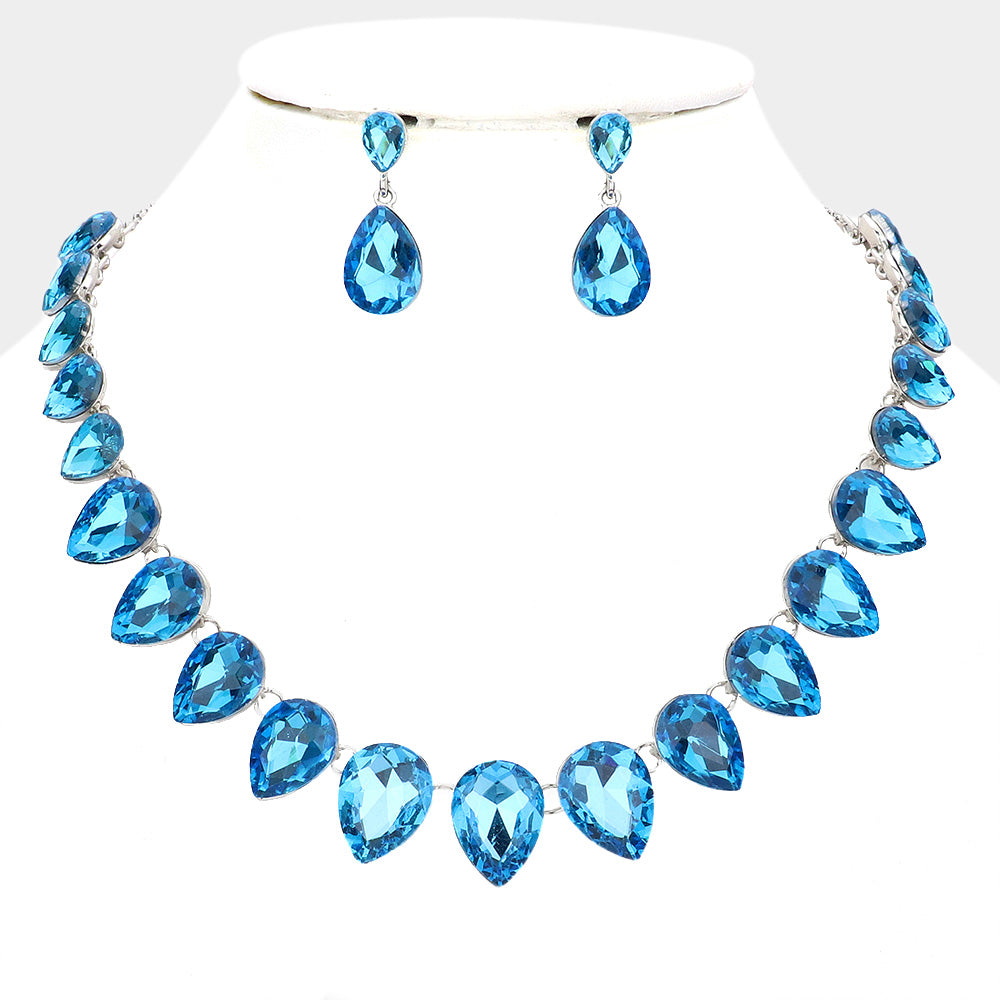 Aqua Crystal Teardrop Stone Link Pageant Necklace | Evening Necklace 