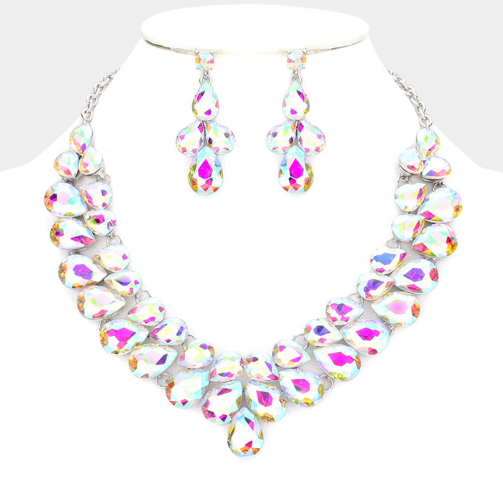 AB Crystal Teardrop Cluster Prom Necklace  | Pageant Necklace
