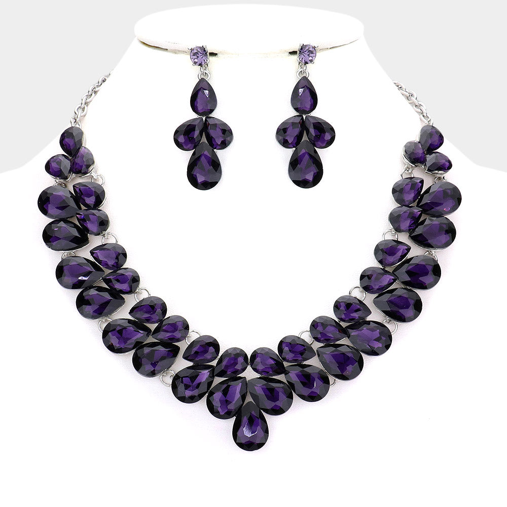 Purple Crystal Teardrop Cluster Prom Necklace  | Pageant Necklace