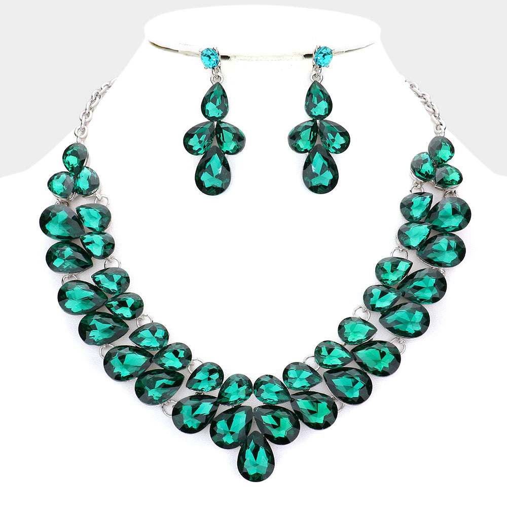 Emerald Crystal Teardrop Cluster Prom Necklace  | Pageant Necklace