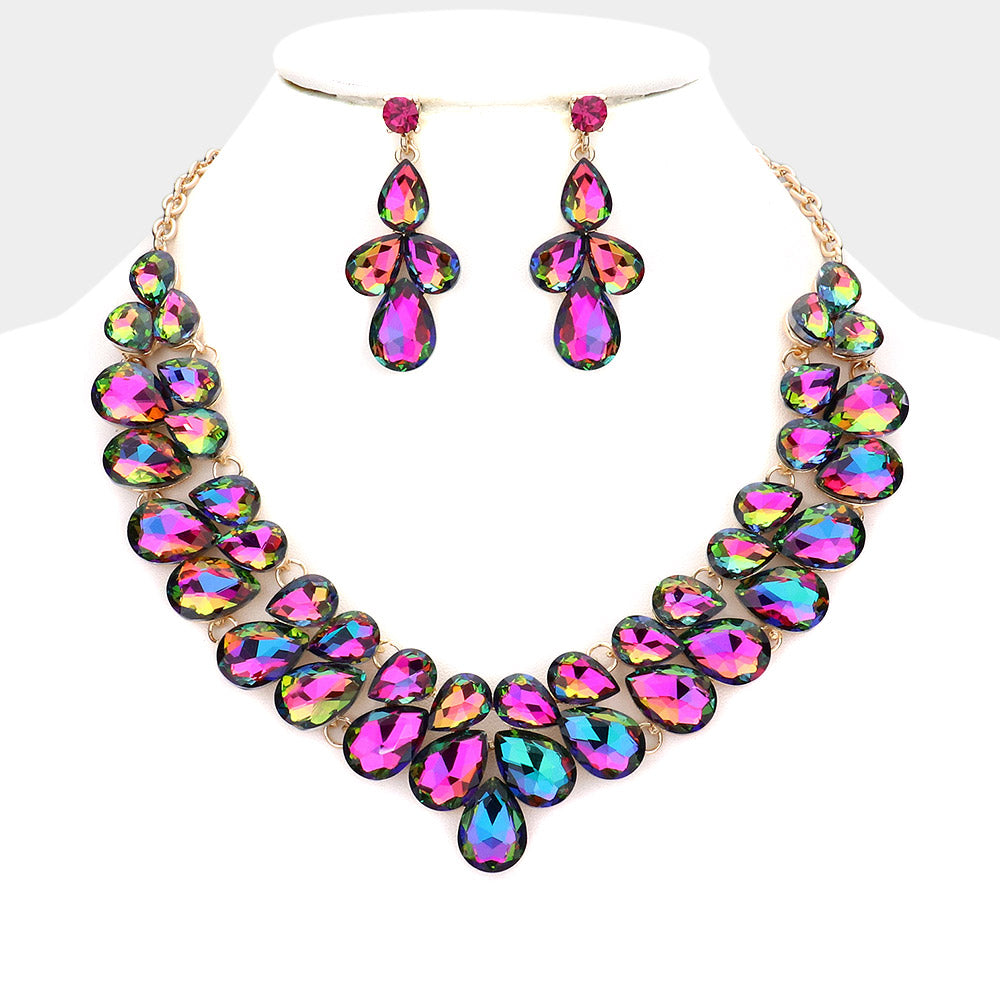 Multi-Color Crystal Teardrop Cluster Prom Necklace  | Pageant Necklace