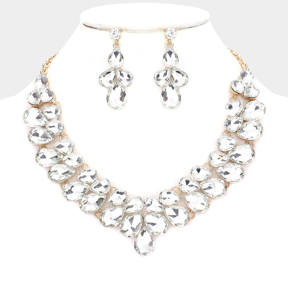 Clear Crystal Teardrop Cluster Prom Necklace on Gold  | Pageant Necklace