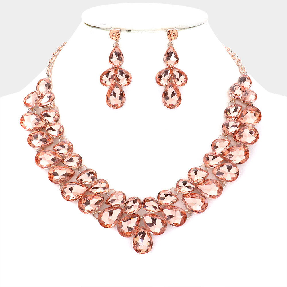 Peach Crystal Teardrop Cluster Prom Necklace   | Pageant Necklace