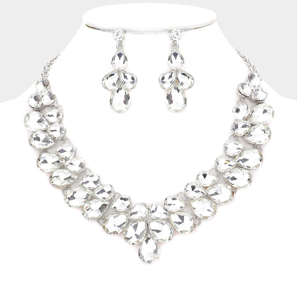 Clear Crystal Teardrop Cluster Prom Necklace  | Pageant Necklace