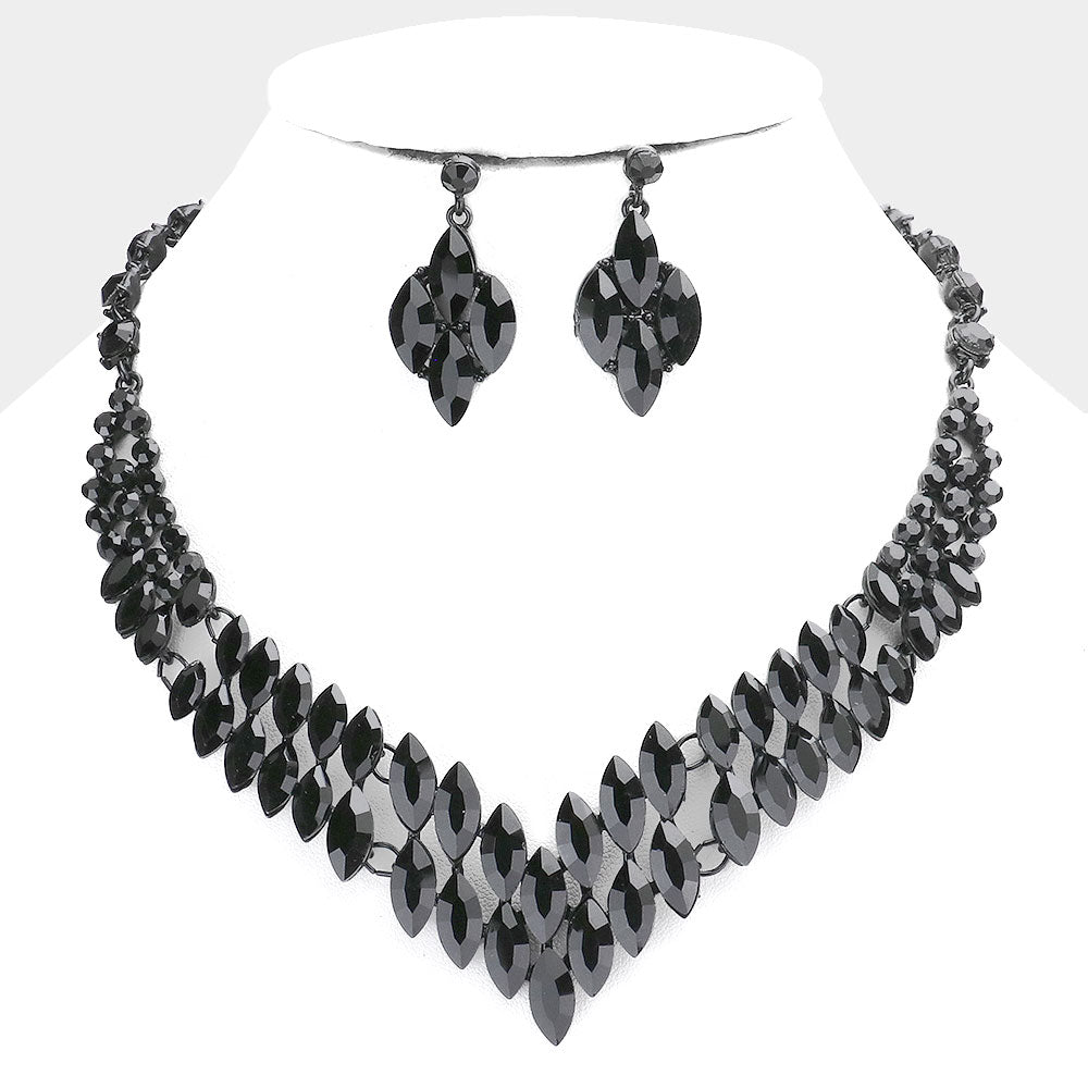 Marquise Black Crystal Stone Cluster Statement Necklace | Evening Necklace