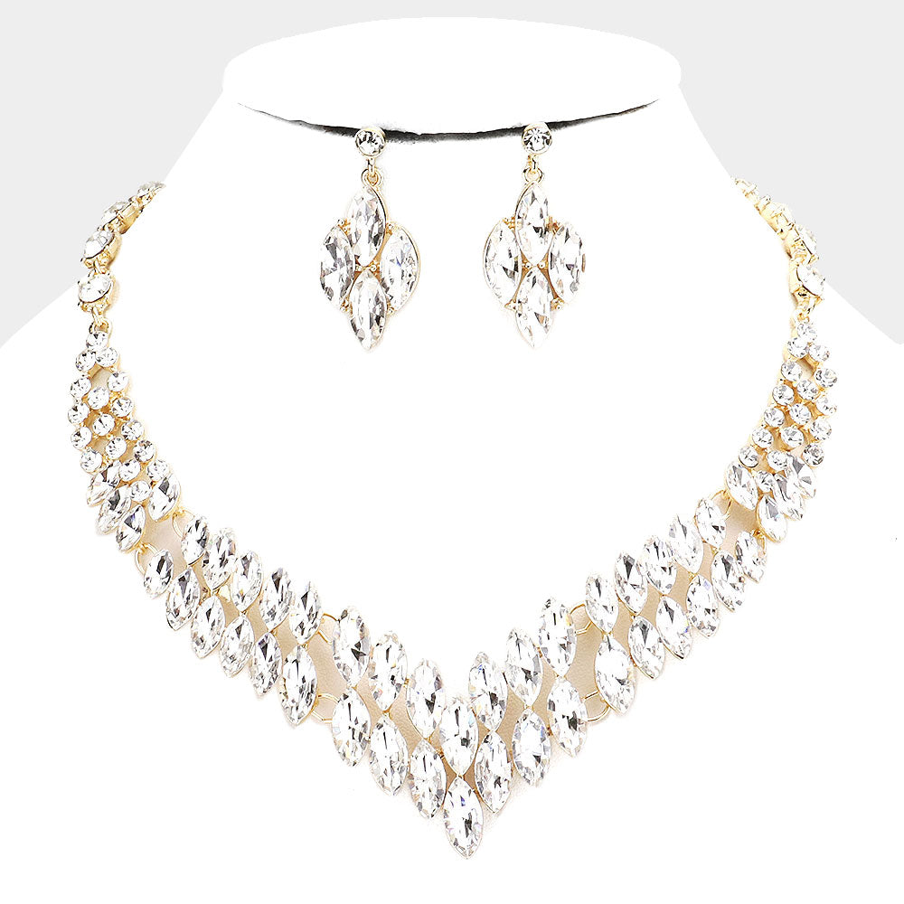 Marquise Clear Crystal Stone Cluster Statement Necklace on Gold | Evening Necklace