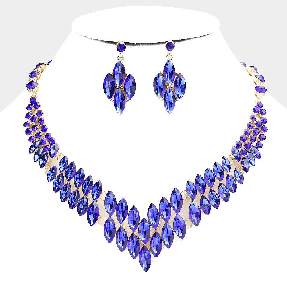 Marquise Sapphire Crystal Stone Cluster Statement Necklace | Evening Necklace