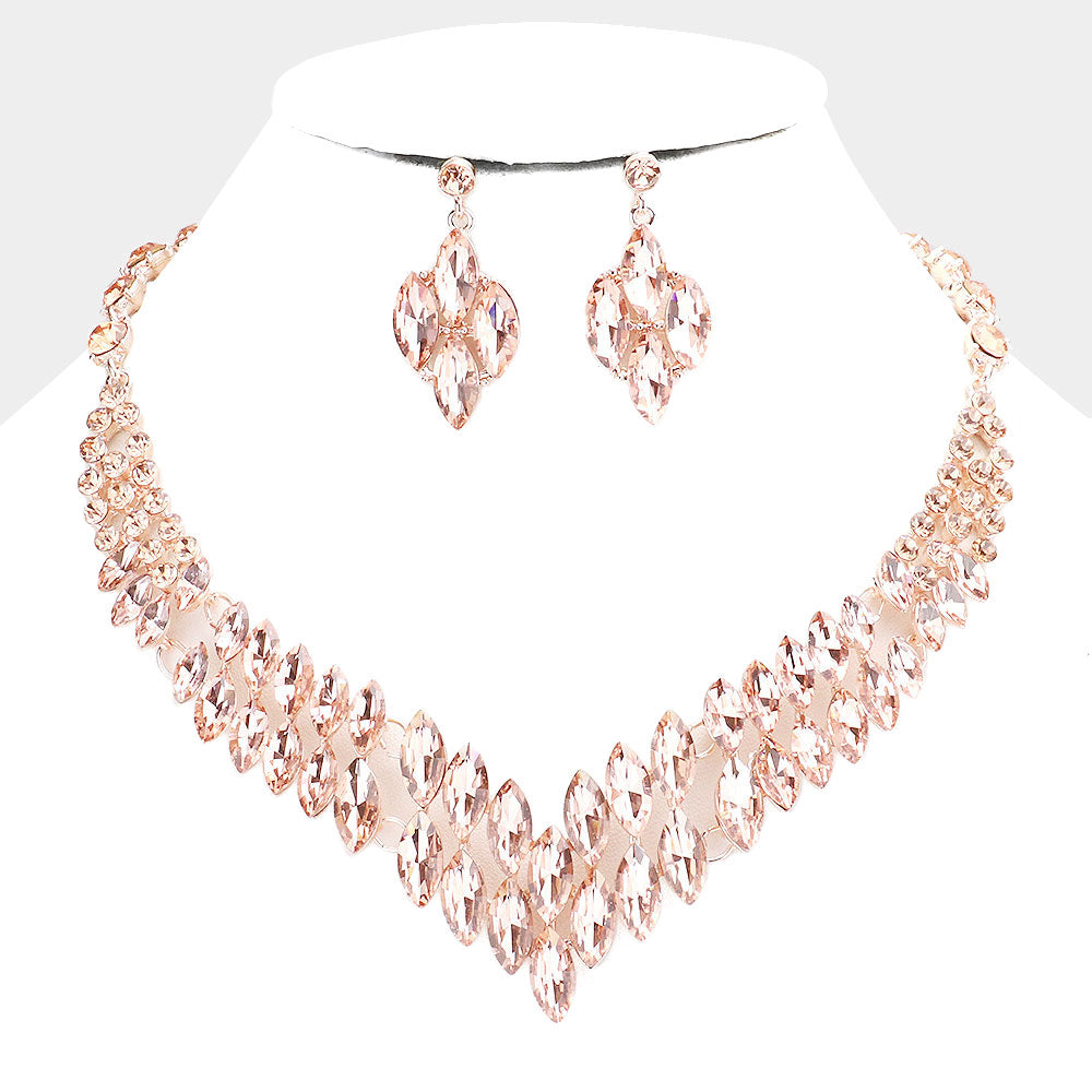 Marquise Peach Crystal Stone Cluster Statement Necklace | Evening Necklace