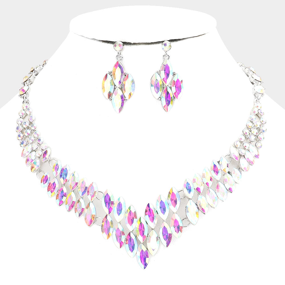 Marquise AB Crystal Stone Cluster Statement Necklace | Evening Necklace