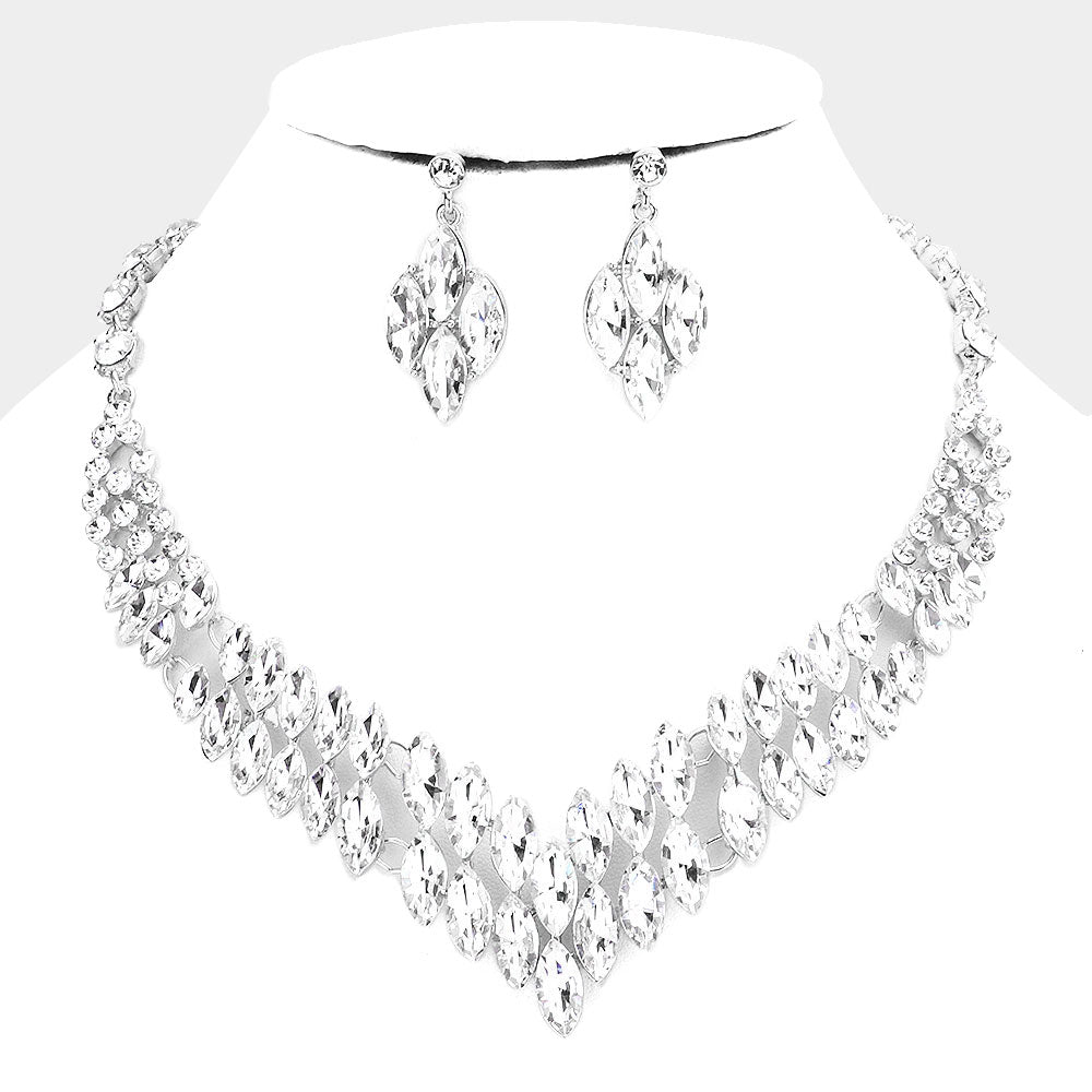 Marquise Clear Crystal Stone Cluster Statement Necklace | Evening Necklace