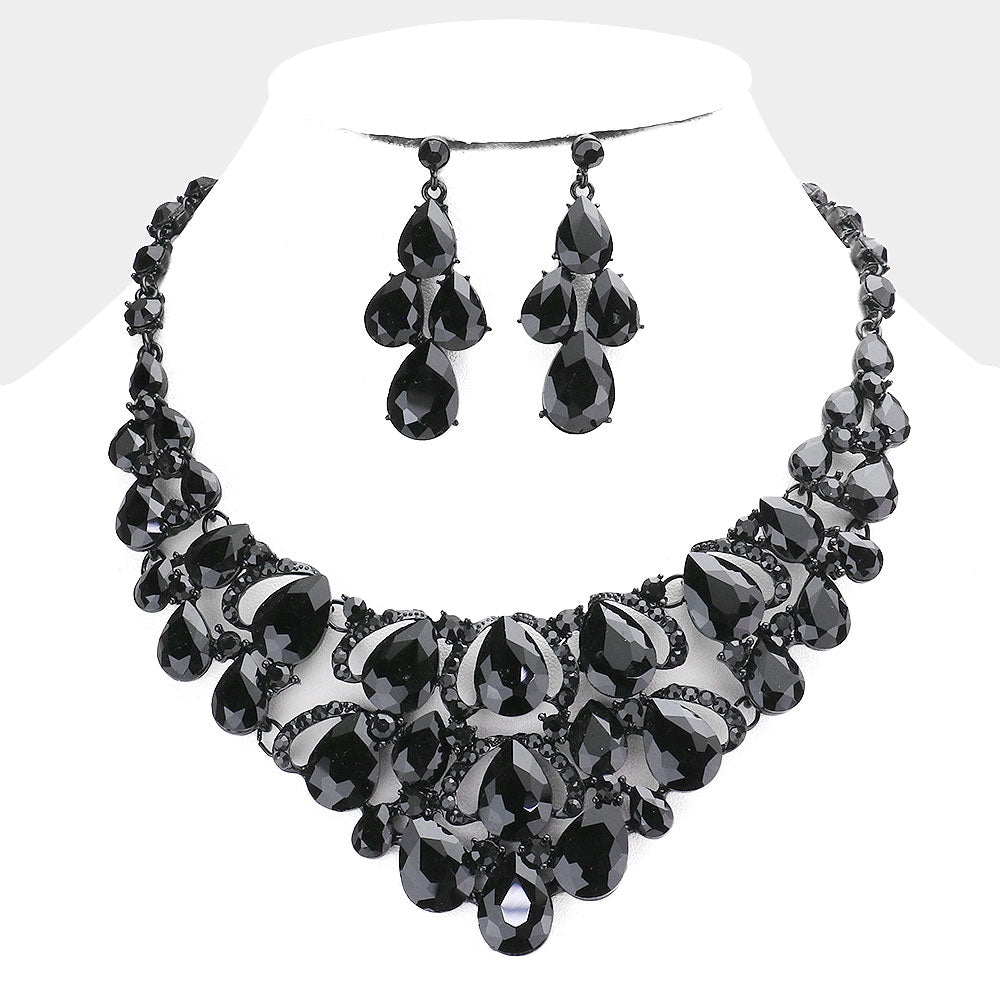 Black Crystal Teardrop Cluster Pageant Necklace  | Statement Necklace