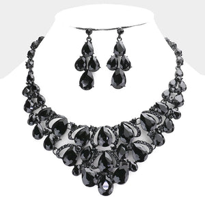 Black Crystal Teardrop Cluster Pageant Necklace  | Statement Necklace