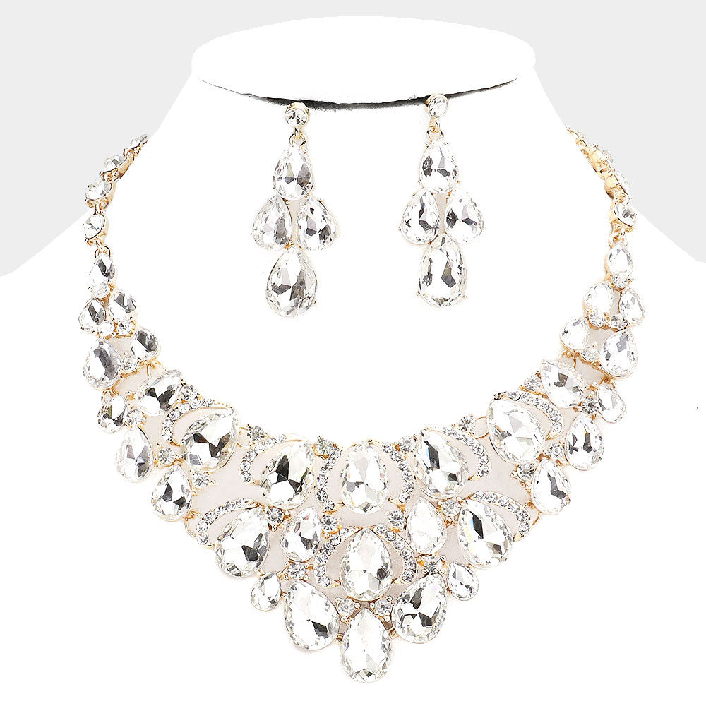 Clear Crystal Teardrop Cluster Pageant Necklace on Gold | Statement Necklace