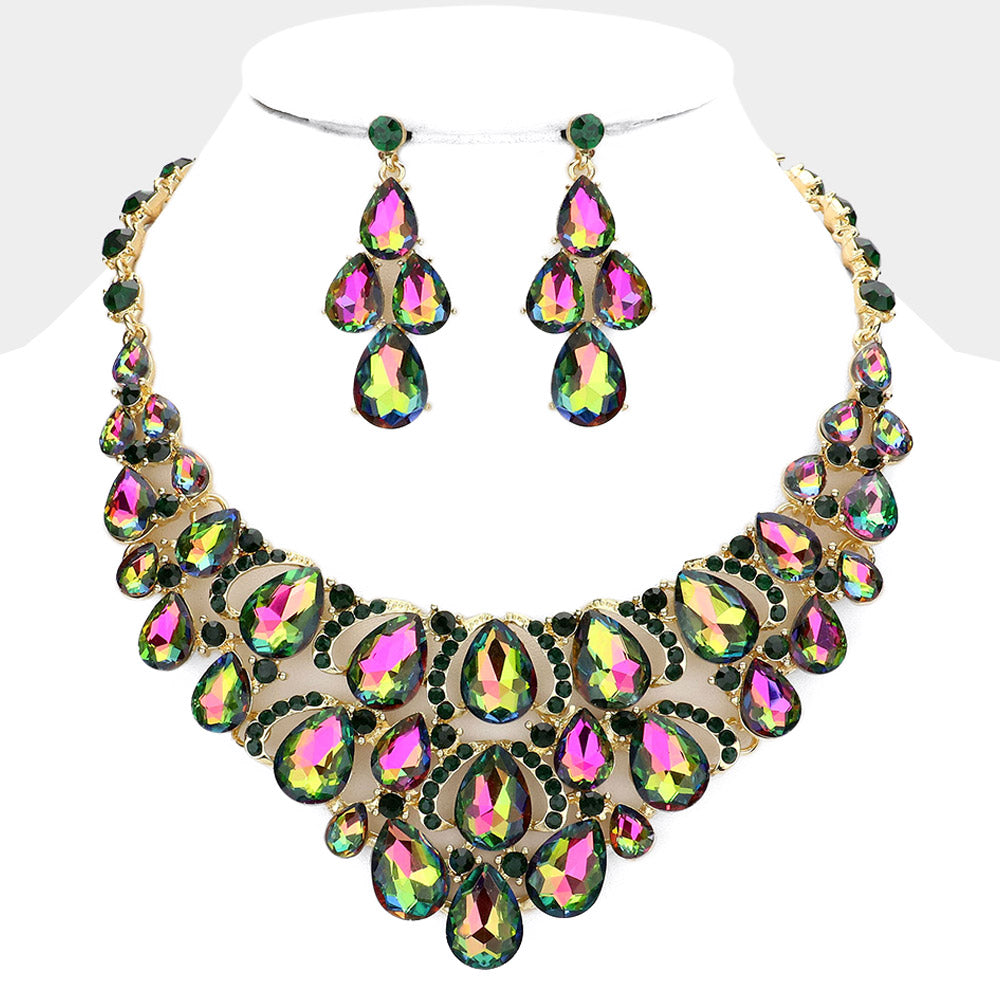 Multi-Color Crystal Teardrop Cluster Pageant Necklace  | Statement Necklace