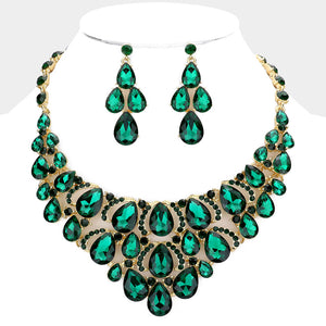 Emerald Crystal Teardrop Cluster Pageant Necklace  | Statement Necklace